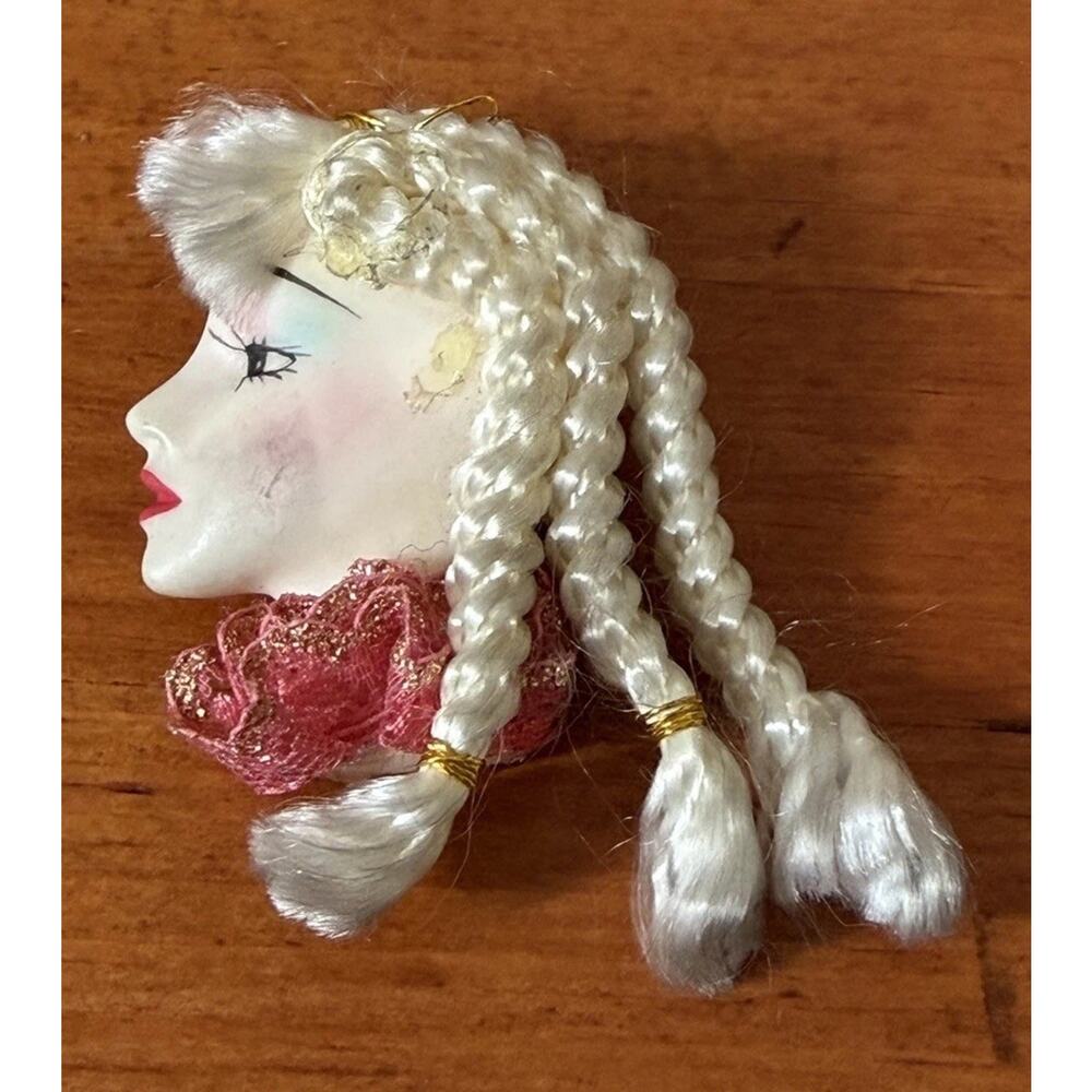 Vintage Sculpted Lady Face Profile Brooch Braided Hair Pink Scarf Figural Pin - Picture 3 of 6